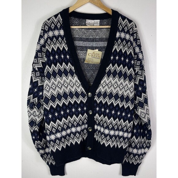 Vtg Ash Creek Men’s Cardigan Sweater L Geometric Grandpacore Dead Stock Preppy